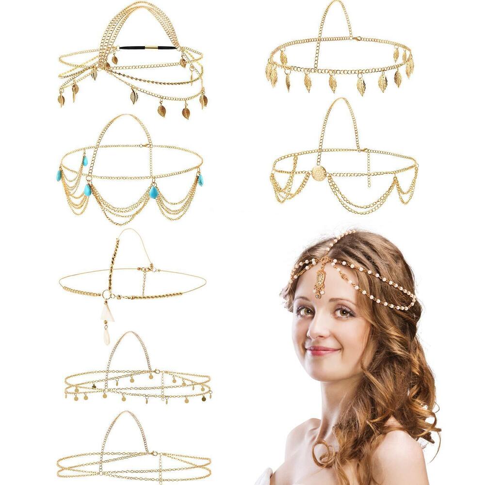 5593 8 Pieces Gold Head Chain Jewelry Halloween Boho Headband Coins Pearl
